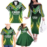 Custom Cook Islands Rugby Family Matching Off The Shoulder Long Sleeve Dress and Hawaiian Shirt Unique Style Green Version LT05 - Polynesian Pride