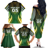 Custom Cook Islands Rugby Family Matching Off The Shoulder Long Sleeve Dress and Hawaiian Shirt Unique Style Green Version LT05 - Polynesian Pride