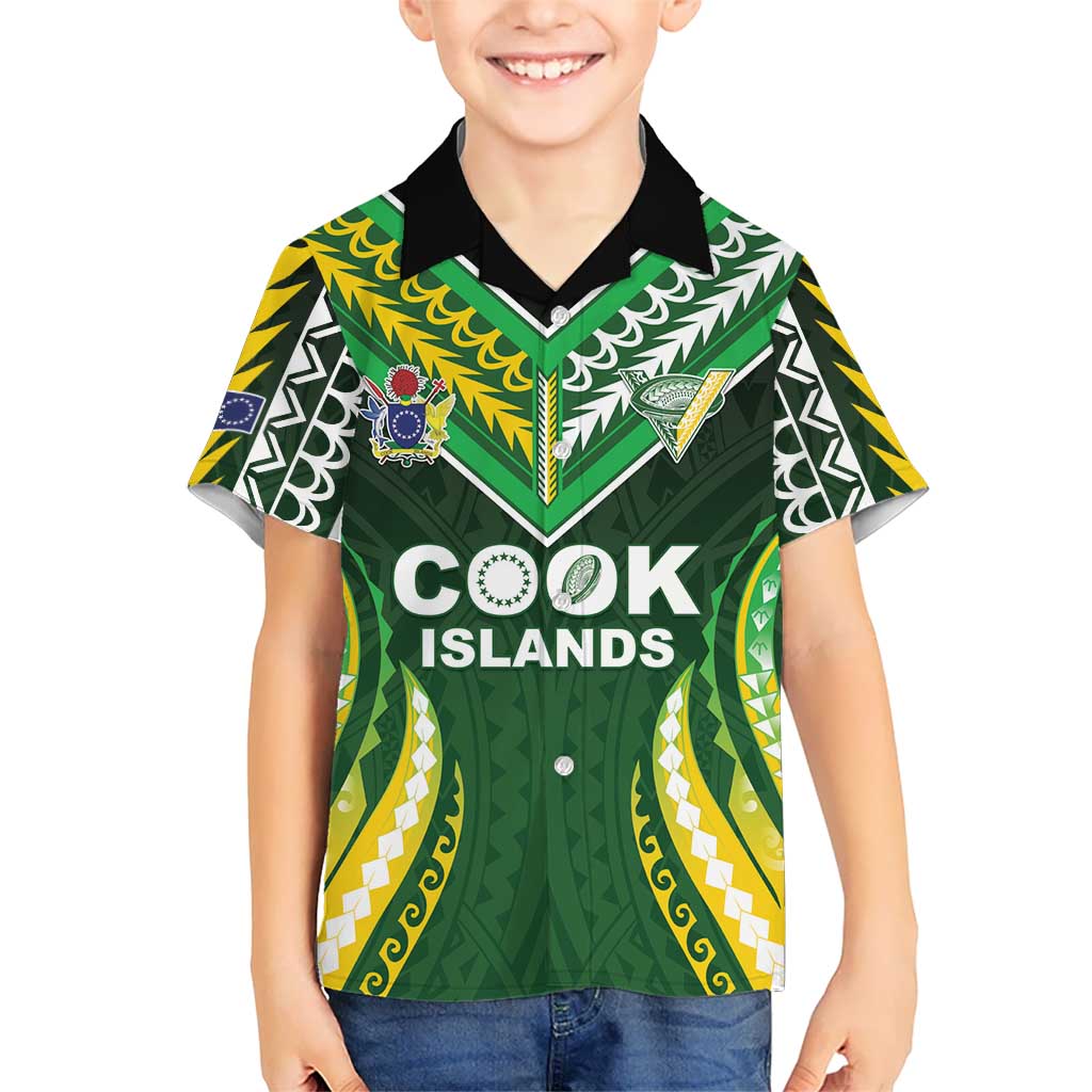 Custom Cook Islands Rugby Family Matching Off The Shoulder Long Sleeve Dress and Hawaiian Shirt Unique Style Green Version LT05 Son's Shirt Green - Polynesian Pride