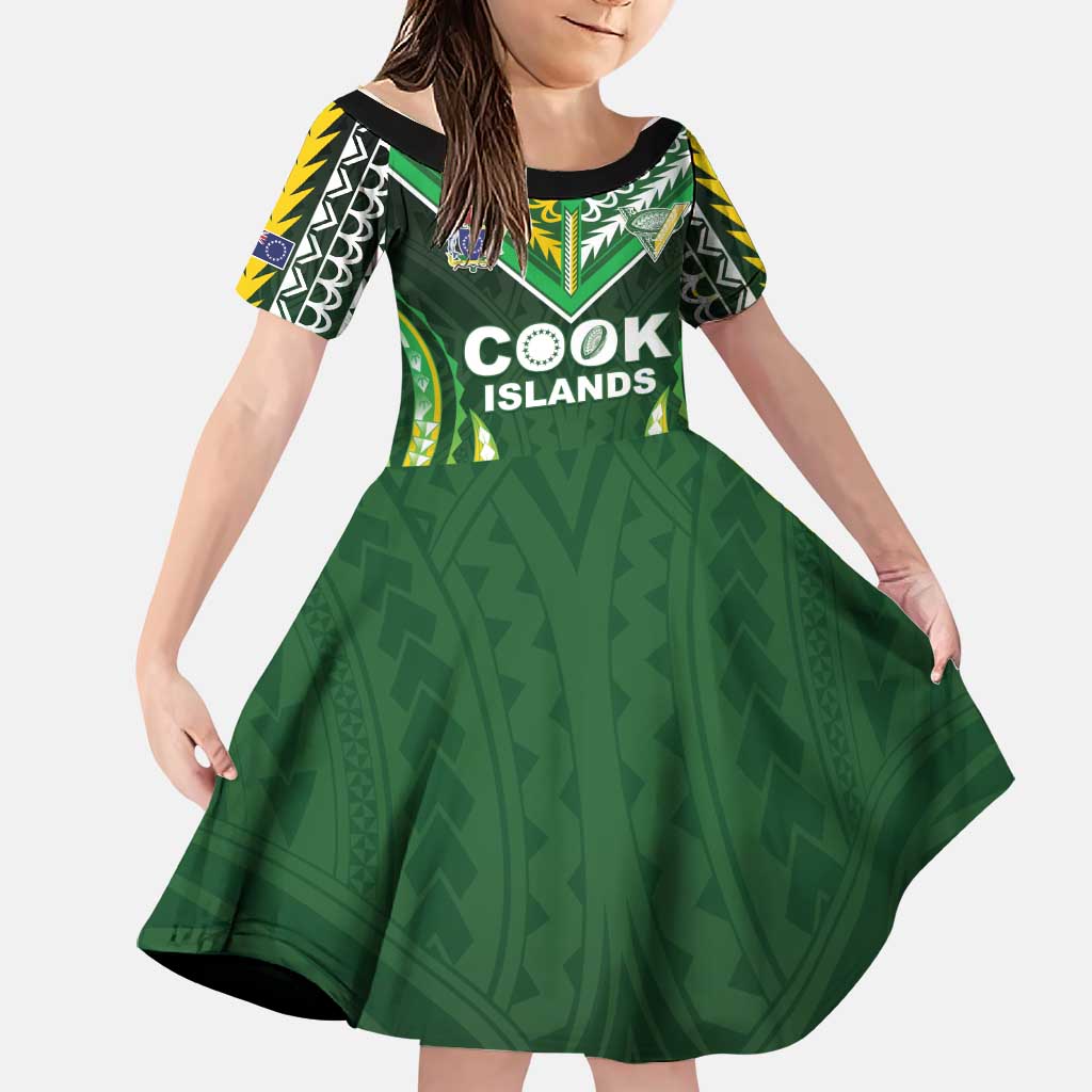 Custom Cook Islands Rugby Family Matching Short Sleeve Bodycon Dress and Hawaiian Shirt Unique Style Green Version LT05 Daughter's Dress Green - Polynesian Pride
