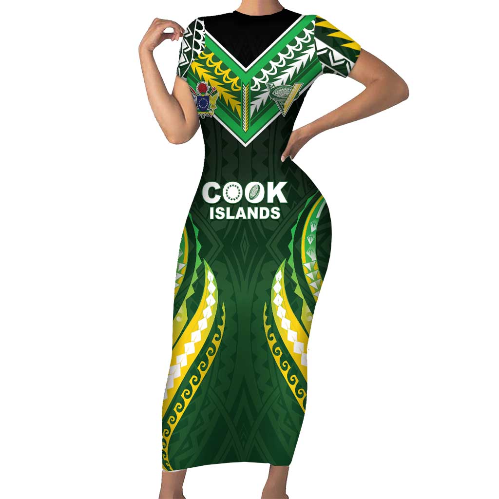 Custom Cook Islands Rugby Family Matching Short Sleeve Bodycon Dress and Hawaiian Shirt Unique Style Green Version LT05 Mom's Dress Green - Polynesian Pride