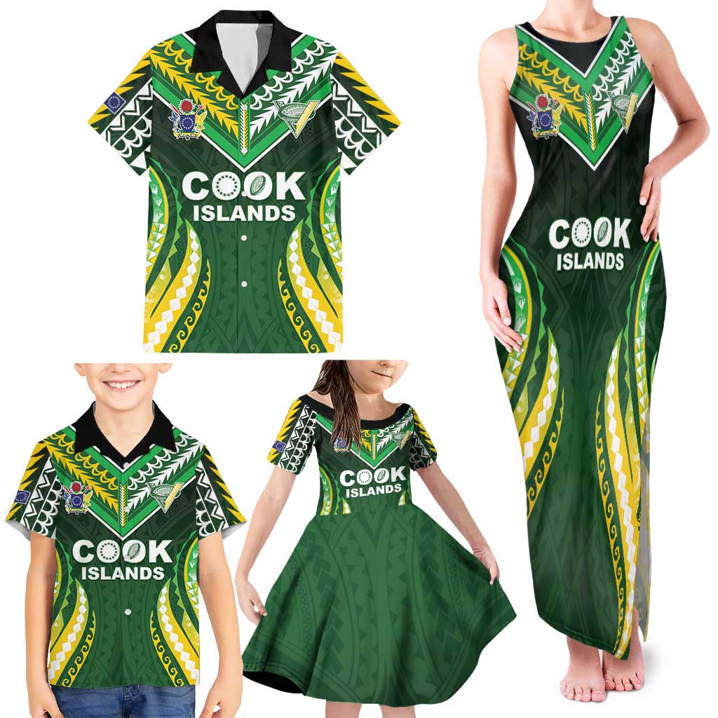 Custom Cook Islands Rugby Family Matching Tank Maxi Dress and Hawaiian Shirt Unique Style Green Version - Polynesian Pride