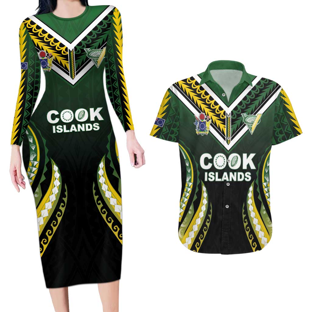 Custom Cook Islands Rugby Couples Matching Long Sleeve Bodycon Dress and Hawaiian Shirt Unique Style Black Version LT05 Black - Polynesian Pride