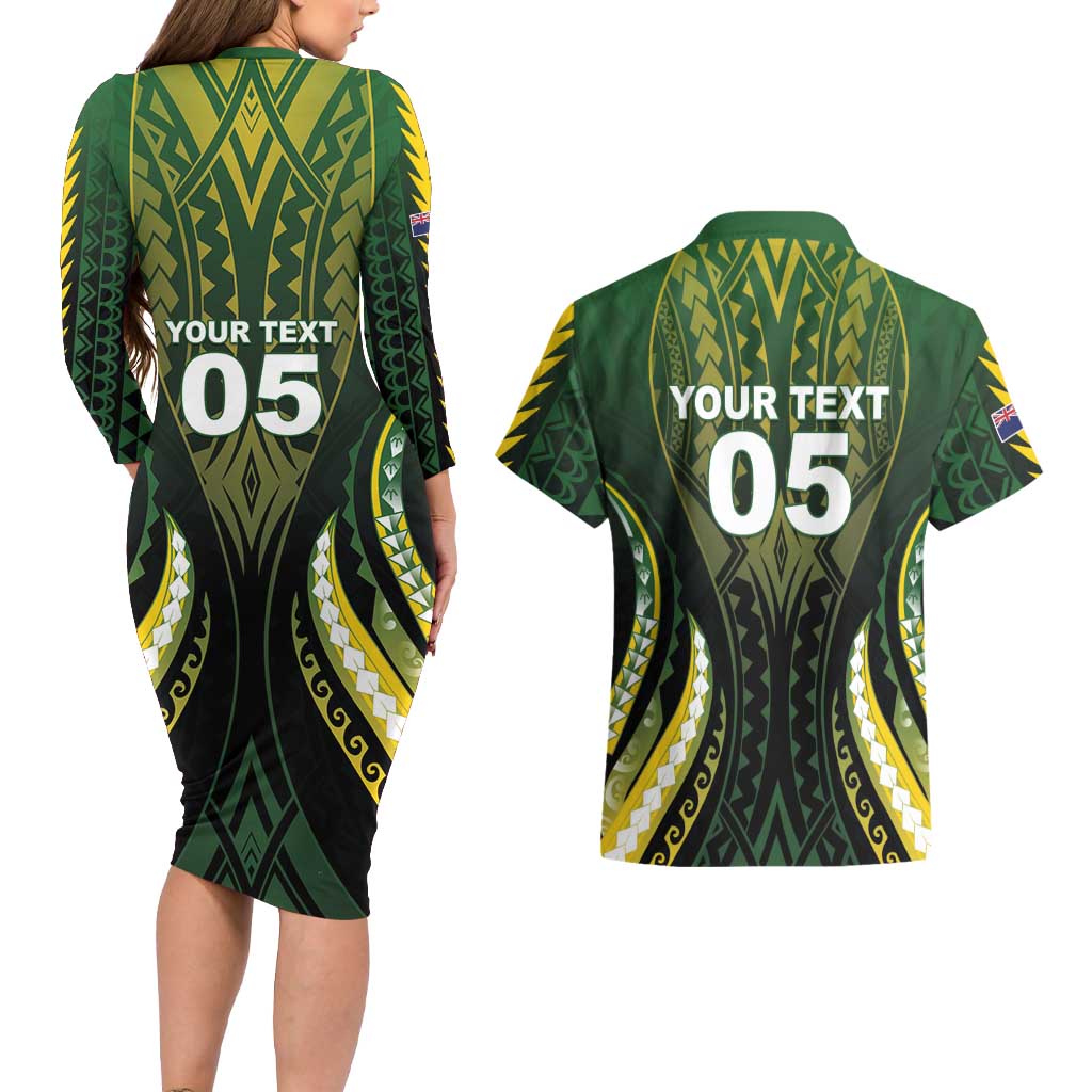 Custom Cook Islands Rugby Couples Matching Long Sleeve Bodycon Dress and Hawaiian Shirt Unique Style Black Version LT05 - Polynesian Pride