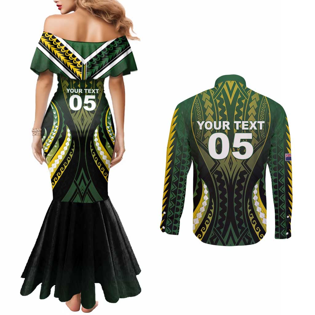 Custom Cook Islands Rugby Couples Matching Mermaid Dress and Long Sleeve Button Shirt Unique Style Black Version - Polynesian Pride