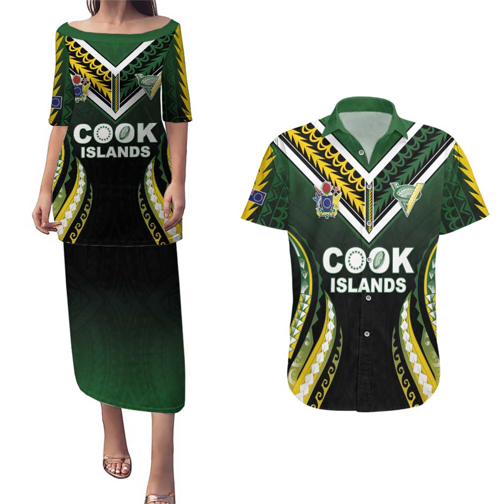 Custom Cook Islands Rugby Couples Matching Puletasi and Hawaiian Shirt Unique Style Black Version - Polynesian Pride