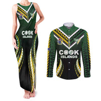 Custom Cook Islands Rugby Couples Matching Tank Maxi Dress and Long Sleeve Button Shirt Unique Style Black Version LT05 Black - Polynesian Pride