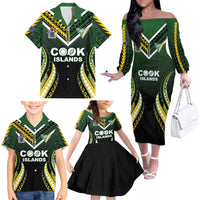 Custom Cook Islands Rugby Family Matching Off The Shoulder Long Sleeve Dress and Hawaiian Shirt Unique Style Black Version - Polynesian Pride