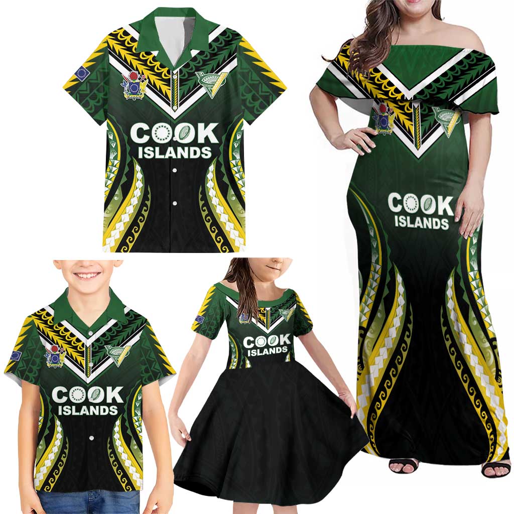 Custom Cook Islands Rugby Family Matching Off Shoulder Maxi Dress and Hawaiian Shirt Unique Style Black Version - Polynesian Pride