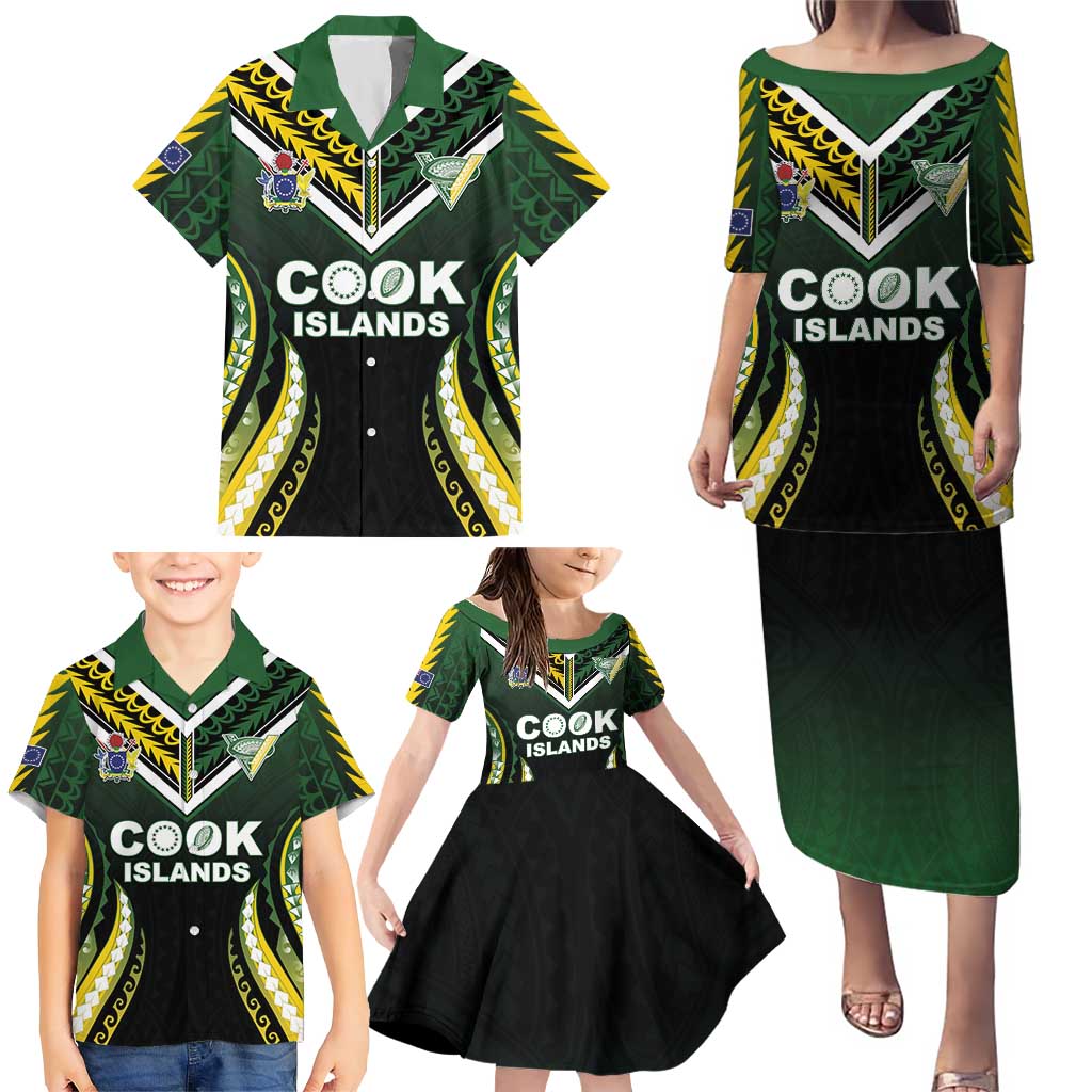 Custom Cook Islands Rugby Family Matching Puletasi and Hawaiian Shirt Unique Style Black Version - Polynesian Pride