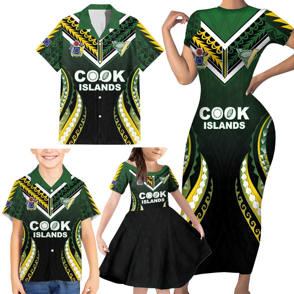 Custom Cook Islands Rugby Family Matching Short Sleeve Bodycon Dress and Hawaiian Shirt Unique Style Black Version - Polynesian Pride