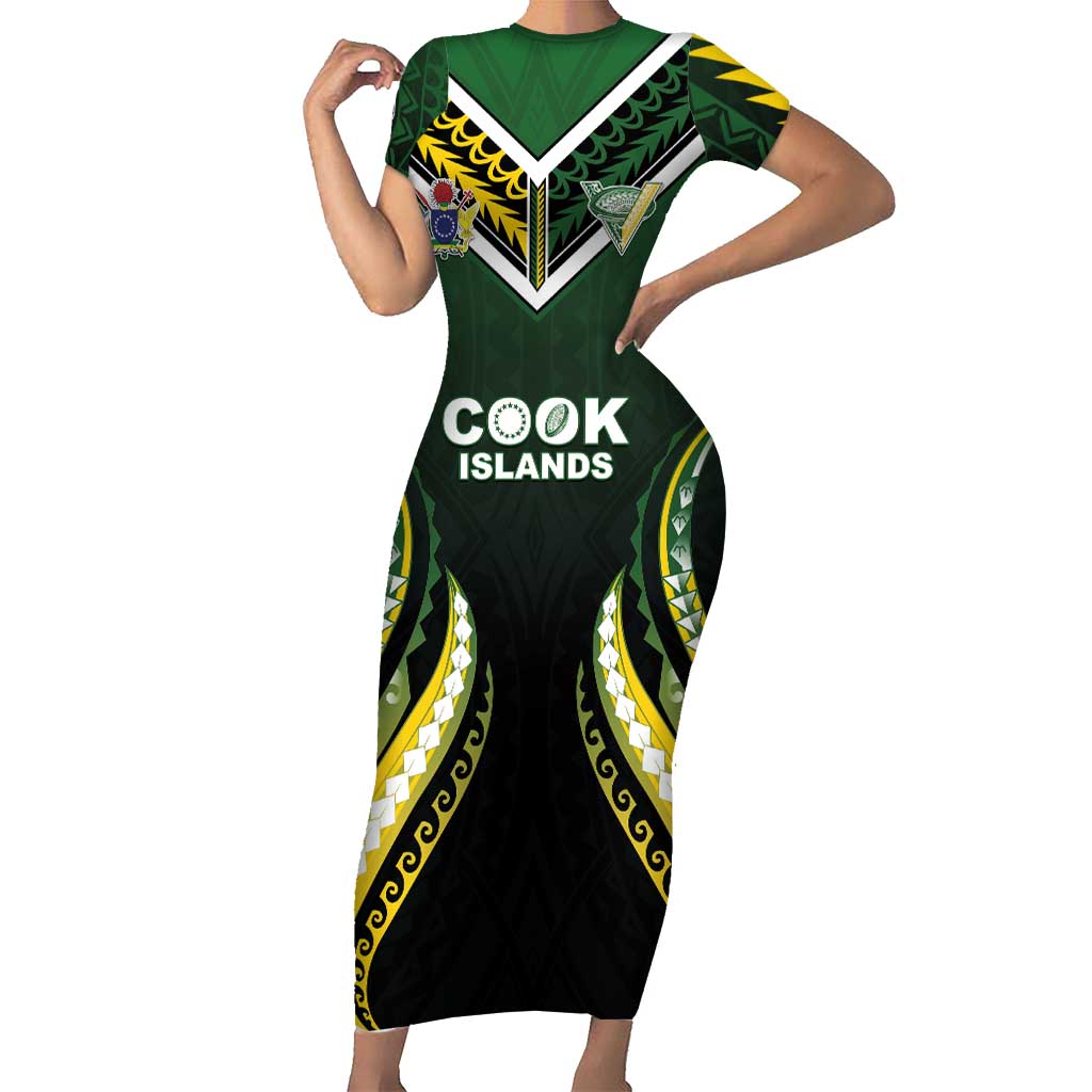 Custom Cook Islands Rugby Family Matching Short Sleeve Bodycon Dress and Hawaiian Shirt Unique Style Black Version - Polynesian Pride