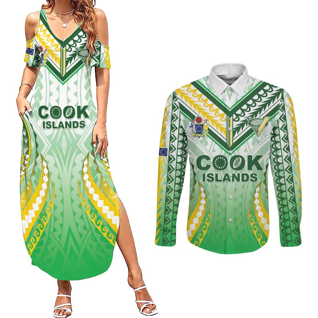 Custom Cook Islands Rugby Couples Matching Summer Maxi Dress and Long Sleeve Button Shirt Unique Style White Version LT05 White - Polynesian Pride