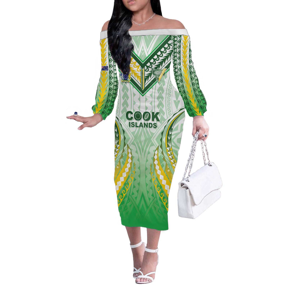 Custom Cook Islands Rugby Off The Shoulder Long Sleeve Dress Unique Style White Version - Polynesian Pride