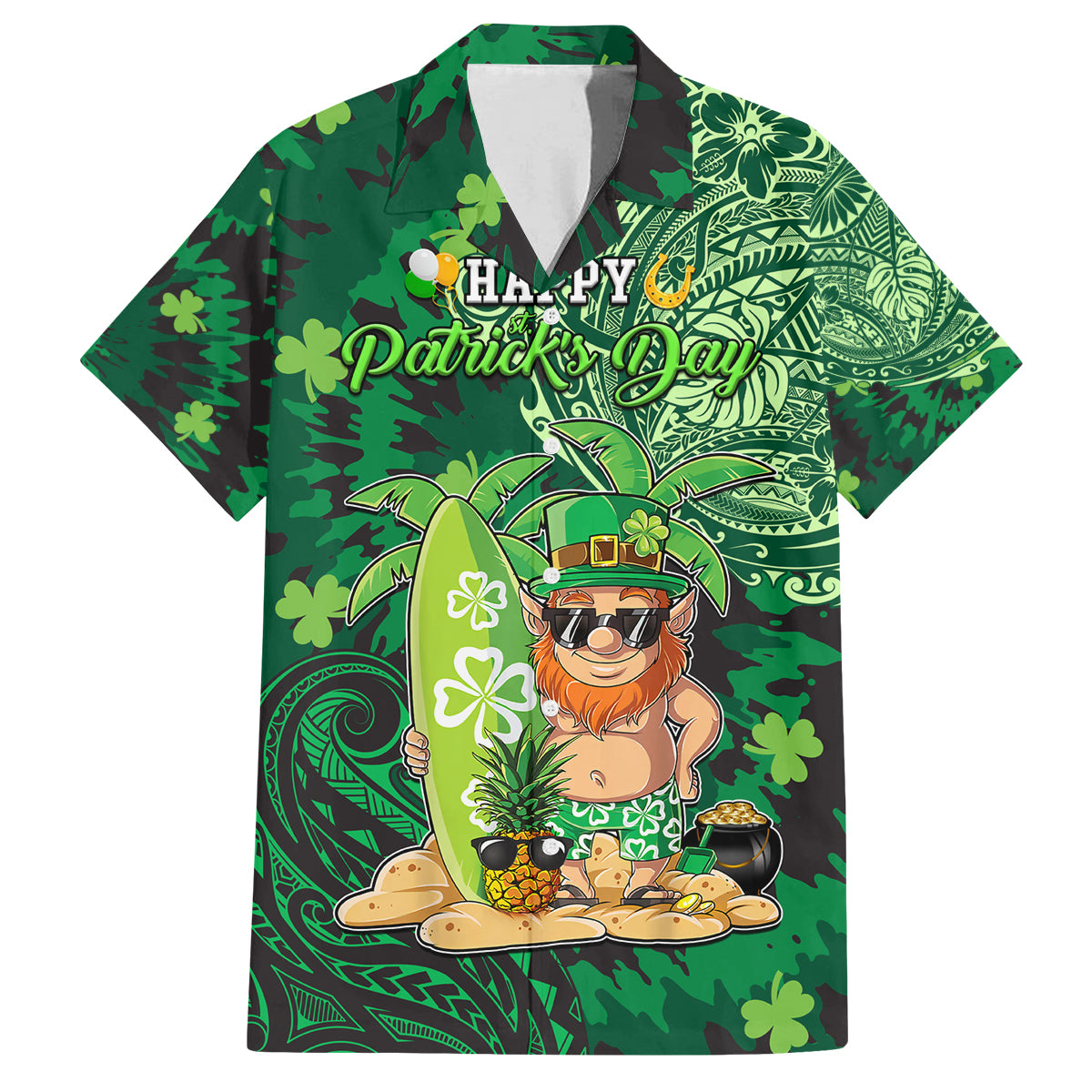 Personalised Hawaii St.Patrick Day Family Matching Long Sleeve Bodycon Dress and Hawaiian Shirt Surfing Leprechaun LT05 Dad's Shirt - Short Sleeve Green - Polynesian Pride