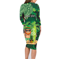 Personalised Hawaii St.Patrick Day Family Matching Long Sleeve Bodycon Dress and Hawaiian Shirt Surfing Leprechaun LT05 - Polynesian Pride