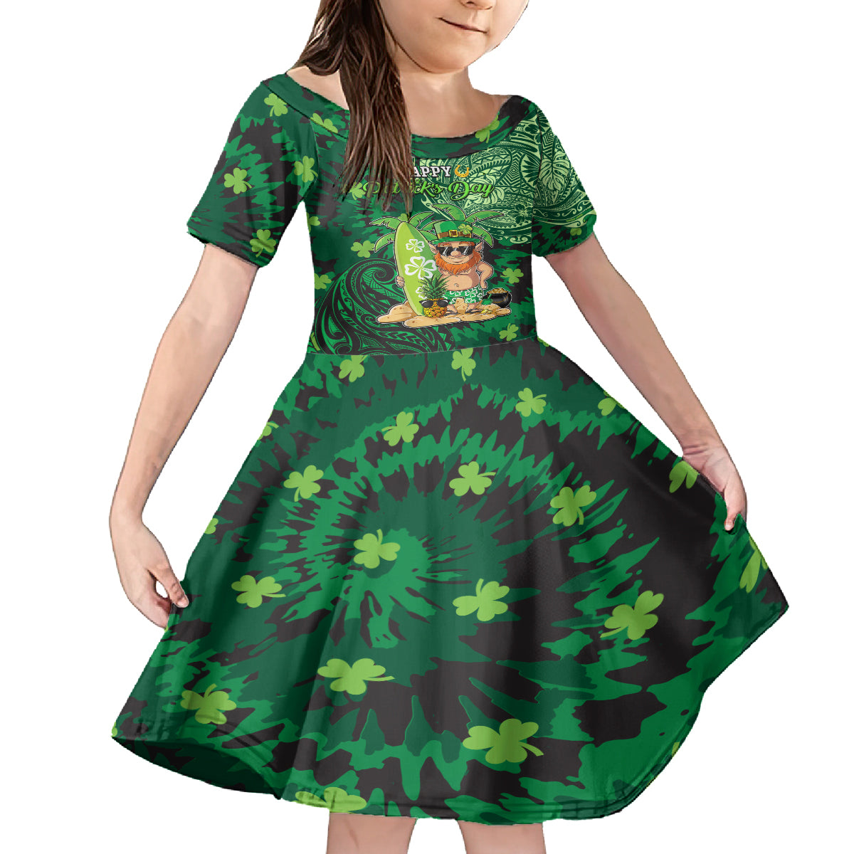 Personalised Hawaii St.Patrick Day Family Matching Off Shoulder Maxi Dress and Hawaiian Shirt Surfing Leprechaun LT05 Daughter's Dress Green - Polynesian Pride