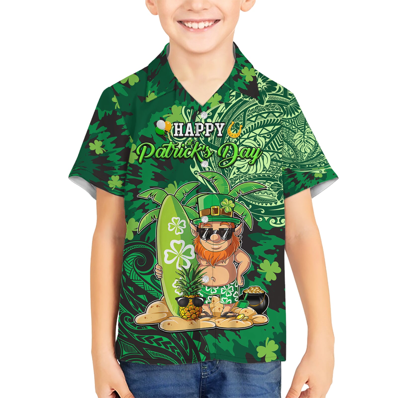 Personalised Hawaii St.Patrick Day Kid Hawaiian Shirt Surfing Leprechaun LT05 Kid Green - Polynesian Pride