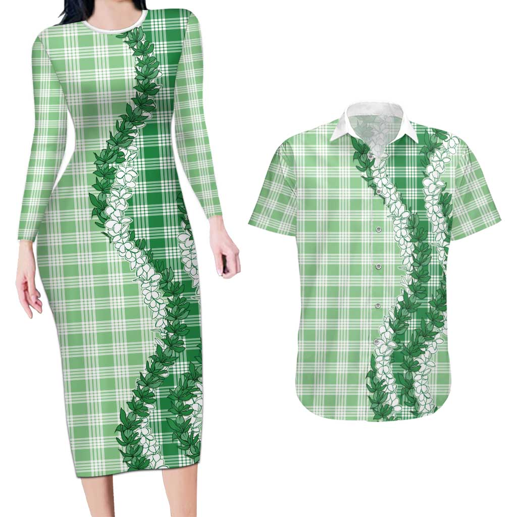 Green Hawaii Palaka Couples Matching Long Sleeve Bodycon Dress and Hawaiian Shirt Hawaiian Honohono Lei LT05 Green - Polynesian Pride