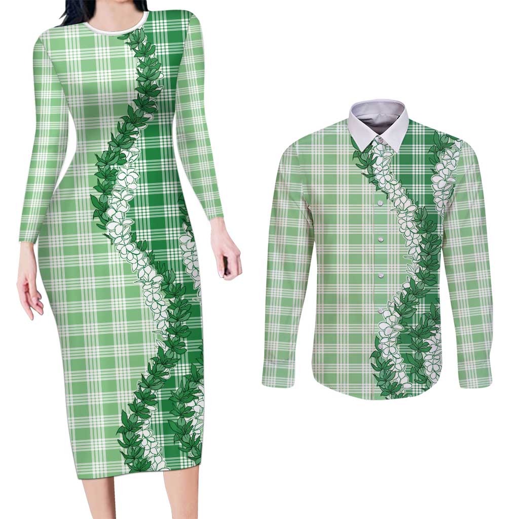 Green Hawaii Palaka Couples Matching Long Sleeve Bodycon Dress and Long Sleeve Button Shirt Hawaiian Honohono Lei