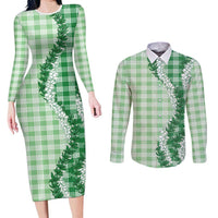 Green Hawaii Palaka Couples Matching Long Sleeve Bodycon Dress and Long Sleeve Button Shirt Hawaiian Honohono Lei LT05 Green - Polynesian Pride