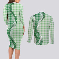 Green Hawaii Palaka Couples Matching Long Sleeve Bodycon Dress and Long Sleeve Button Shirt Hawaiian Honohono Lei LT05 - Polynesian Pride