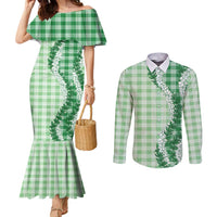 Green Hawaii Palaka Couples Matching Mermaid Dress and Long Sleeve Button Shirt Hawaiian Honohono Lei