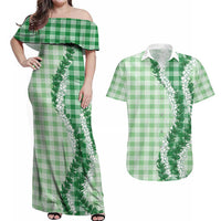 Green Hawaii Palaka Couples Matching Off Shoulder Maxi Dress and Hawaiian Shirt Hawaiian Honohono Lei LT05 Green - Polynesian Pride