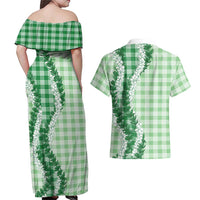 Green Hawaii Palaka Couples Matching Off Shoulder Maxi Dress and Hawaiian Shirt Hawaiian Honohono Lei LT05 - Polynesian Pride