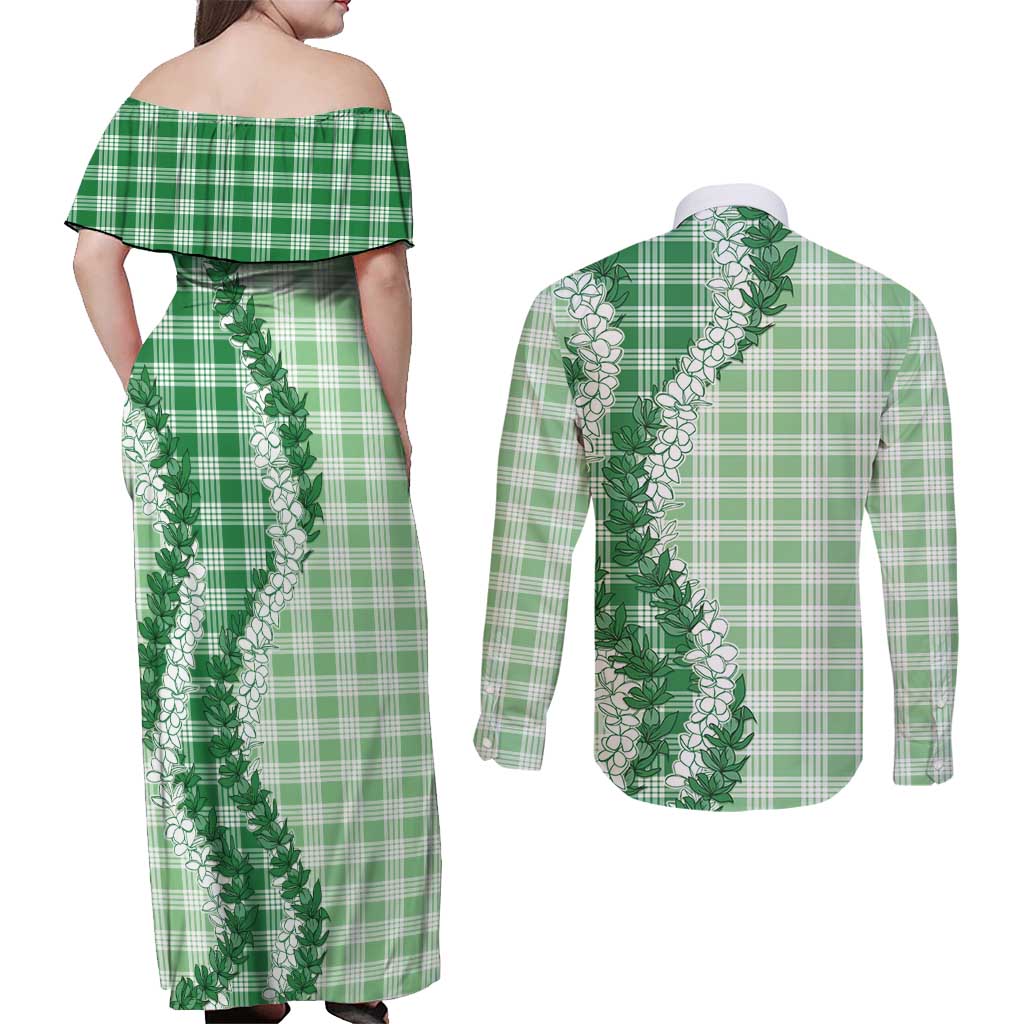 Green Hawaii Palaka Couples Matching Off Shoulder Maxi Dress and Long Sleeve Button Shirt Hawaiian Honohono Lei