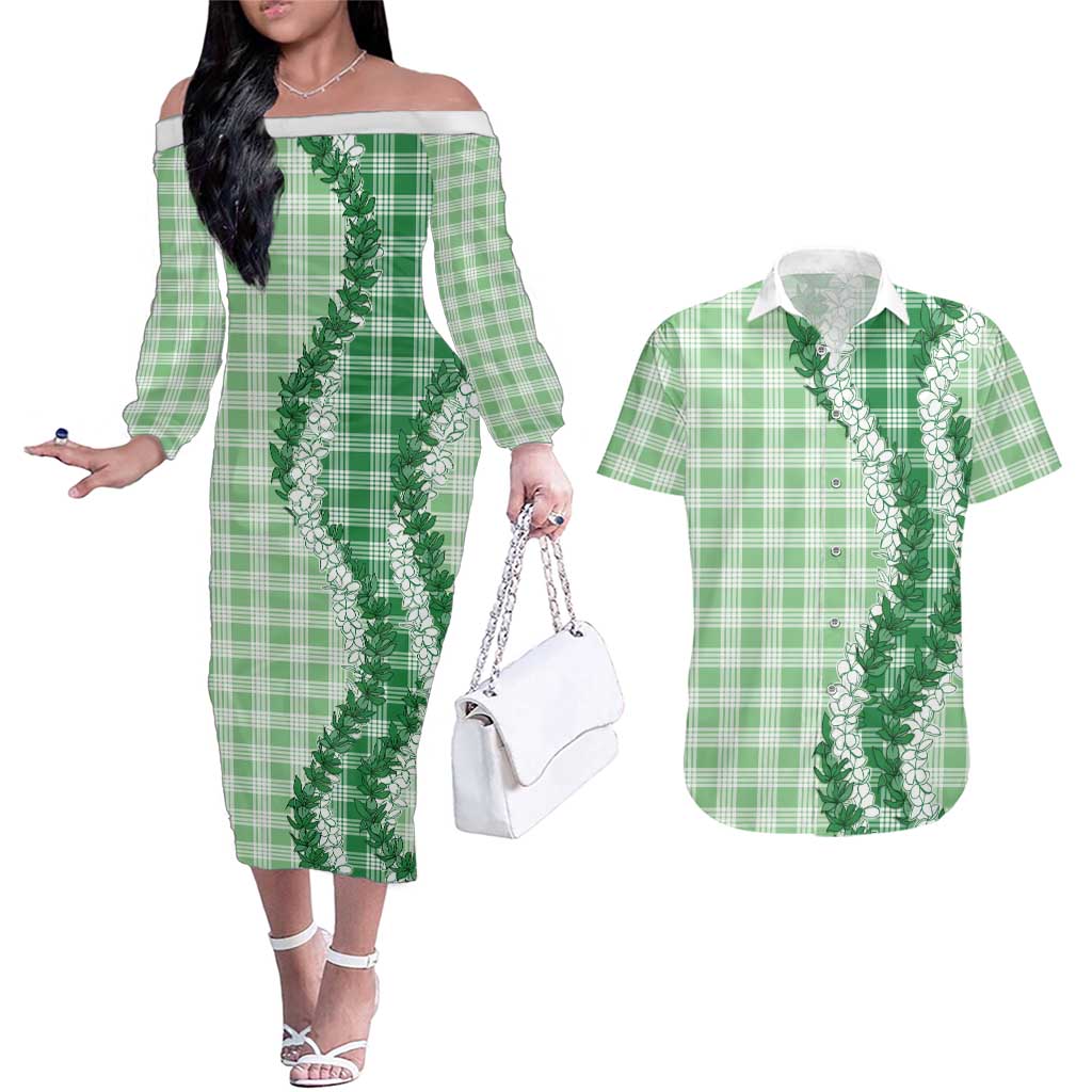 Green Hawaii Palaka Couples Matching Off The Shoulder Long Sleeve Dress and Hawaiian Shirt Hawaiian Honohono Lei