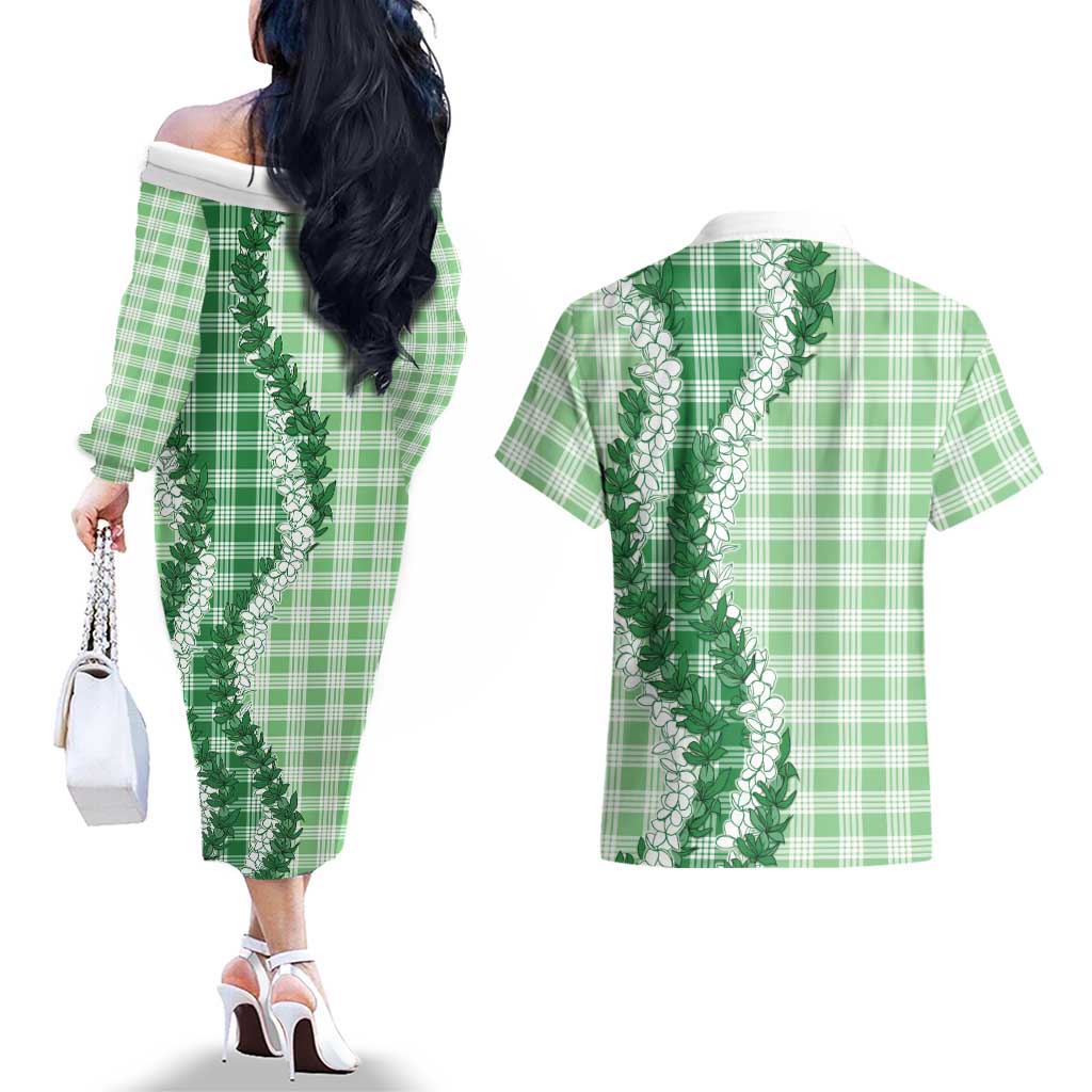 Green Hawaii Palaka Couples Matching Off The Shoulder Long Sleeve Dress and Hawaiian Shirt Hawaiian Honohono Lei LT05 - Polynesian Pride