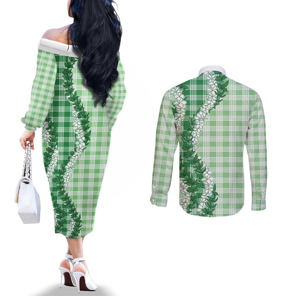 Green Hawaii Palaka Couples Matching Off The Shoulder Long Sleeve Dress and Long Sleeve Button Shirt Hawaiian Honohono Lei LT05 - Polynesian Pride
