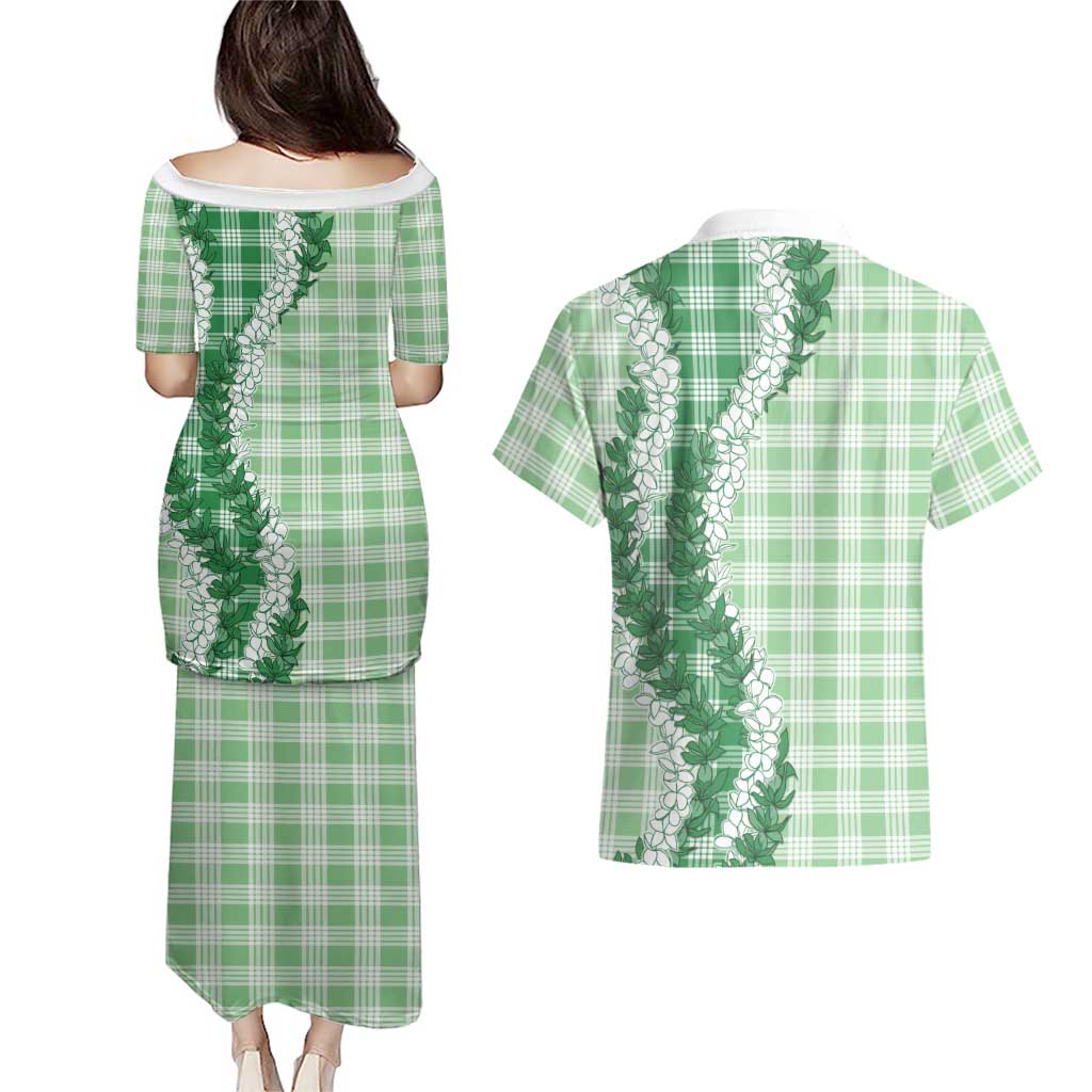 Green Hawaii Palaka Couples Matching Puletasi and Hawaiian Shirt Hawaiian Honohono Lei