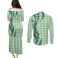 Green Hawaii Palaka Couples Matching Puletasi and Long Sleeve Button Shirt Hawaiian Honohono Lei
