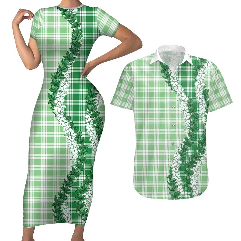 Green Hawaii Palaka Couples Matching Short Sleeve Bodycon Dress and Hawaiian Shirt Hawaiian Honohono Lei LT05 Green - Polynesian Pride
