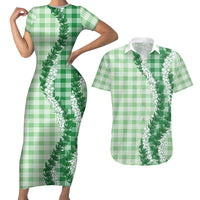 Green Hawaii Palaka Couples Matching Short Sleeve Bodycon Dress and Hawaiian Shirt Hawaiian Honohono Lei LT05 Green - Polynesian Pride