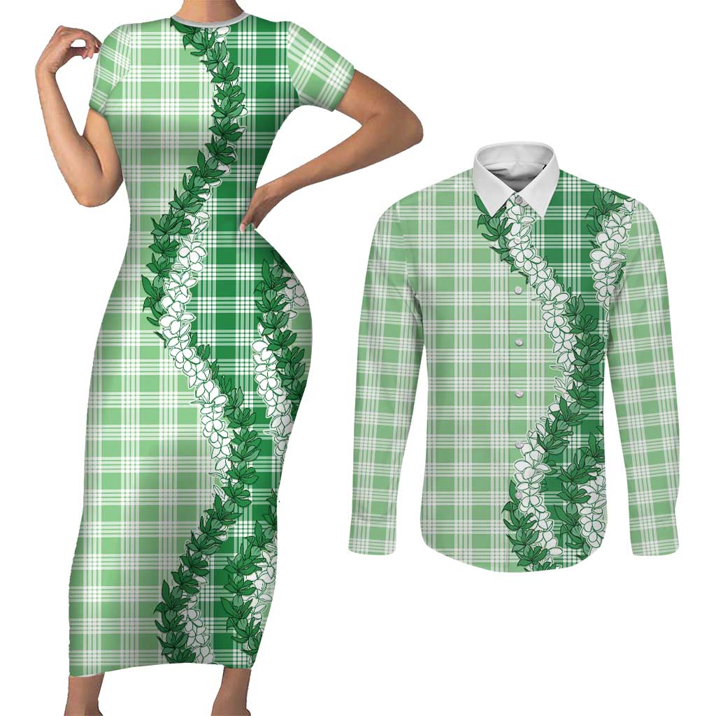 Green Hawaii Palaka Couples Matching Short Sleeve Bodycon Dress and Long Sleeve Button Shirt Hawaiian Honohono Lei LT05 Green - Polynesian Pride