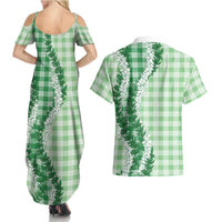 Green Hawaii Palaka Couples Matching Summer Maxi Dress and Hawaiian Shirt Hawaiian Honohono Lei LT05 - Polynesian Pride