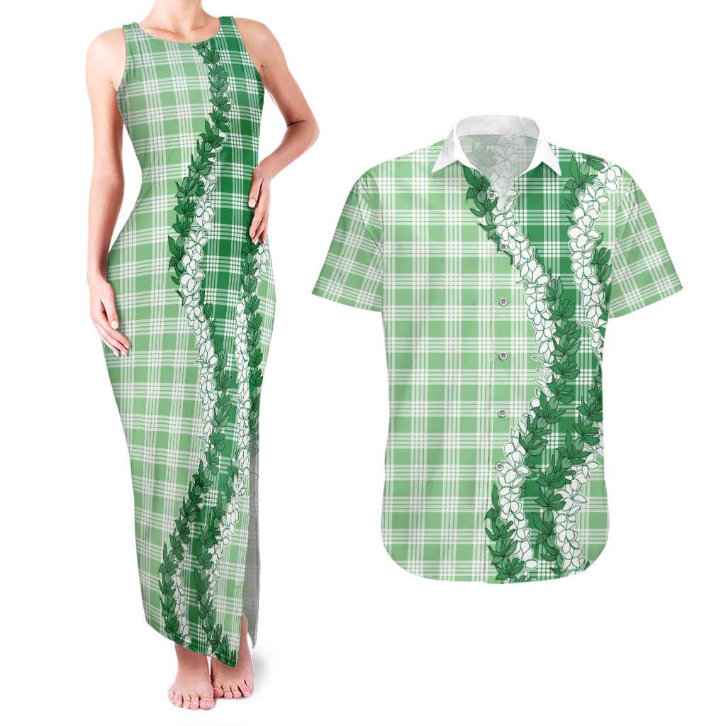 Green Hawaii Palaka Couples Matching Tank Maxi Dress and Hawaiian Shirt Hawaiian Honohono Lei LT05 Green - Polynesian Pride