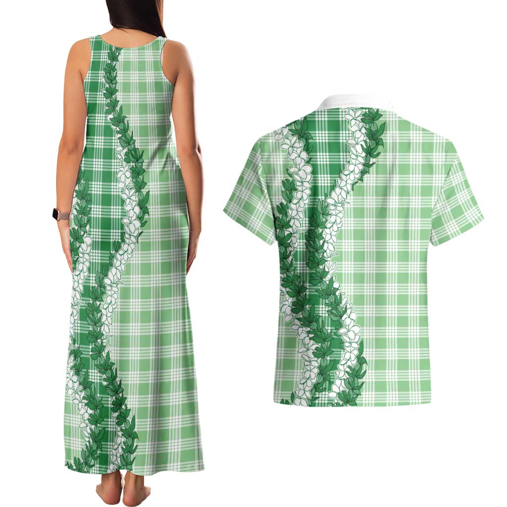 Green Hawaii Palaka Couples Matching Tank Maxi Dress and Hawaiian Shirt Hawaiian Honohono Lei LT05 - Polynesian Pride