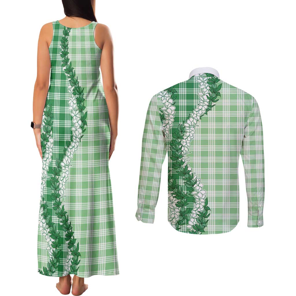 Green Hawaii Palaka Couples Matching Tank Maxi Dress and Long Sleeve Button Shirt Hawaiian Honohono Lei