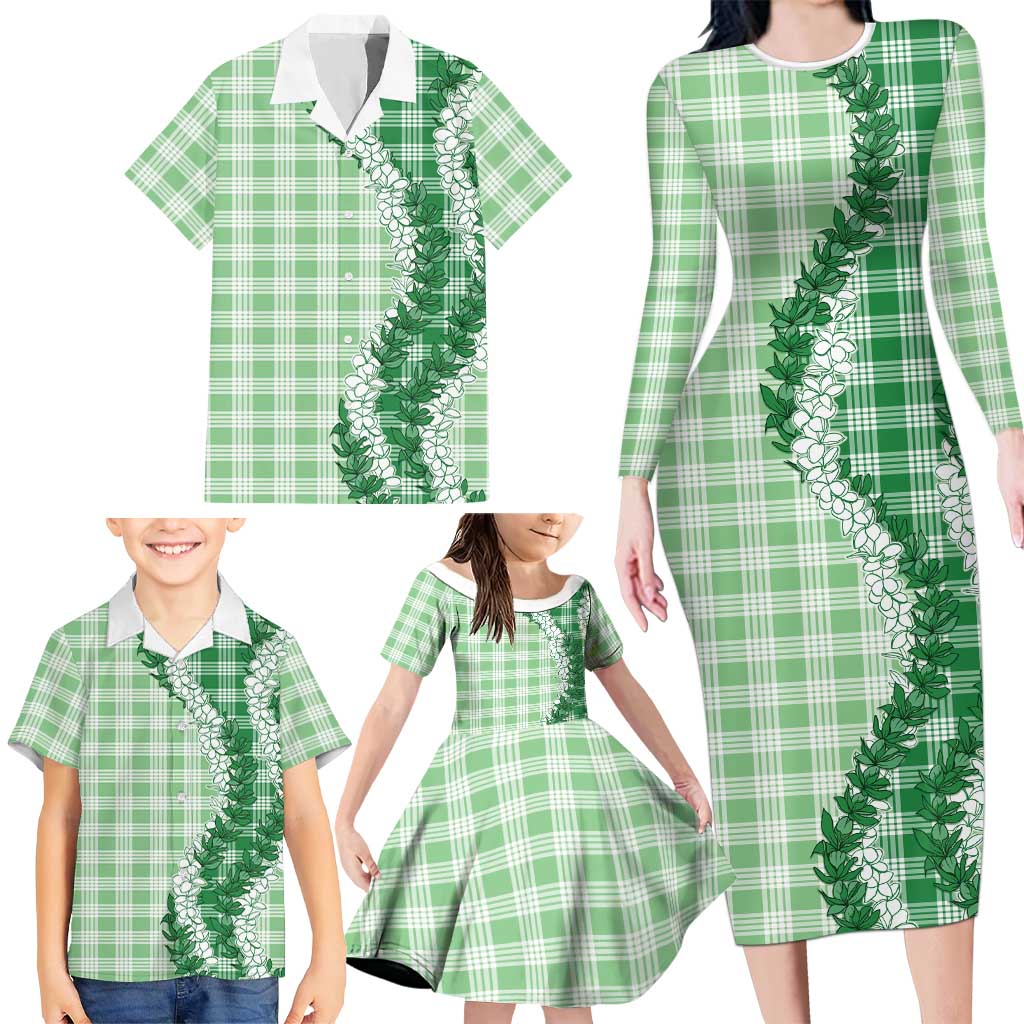Green Hawaii Palaka Family Matching Long Sleeve Bodycon Dress and Hawaiian Shirt Hawaiian Honohono Lei LT05 - Polynesian Pride