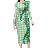 Green Hawaii Palaka Family Matching Long Sleeve Bodycon Dress and Hawaiian Shirt Hawaiian Honohono Lei LT05 Mom's Dress Green - Polynesian Pride