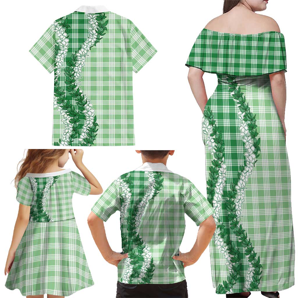 Green Hawaii Palaka Family Matching Off Shoulder Maxi Dress and Hawaiian Shirt Hawaiian Honohono Lei LT05 - Polynesian Pride