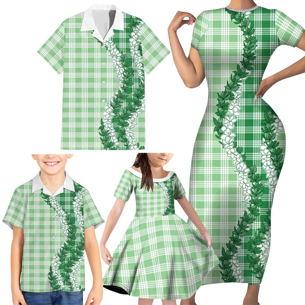 Green Hawaii Palaka Family Matching Short Sleeve Bodycon Dress and Hawaiian Shirt Hawaiian Honohono Lei