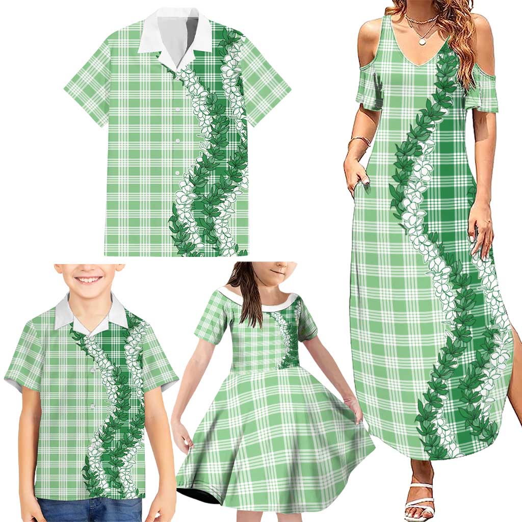 Green Hawaii Palaka Family Matching Summer Maxi Dress and Hawaiian Shirt Hawaiian Honohono Lei