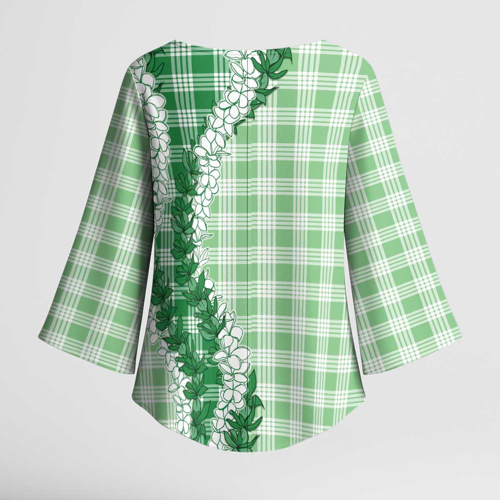 Green Hawaii Palaka Kimono Sleeve Blouse Hawaiian Honohono Lei