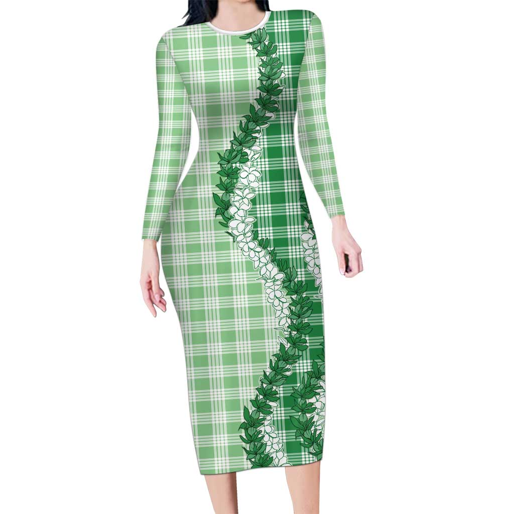 Green Hawaii Palaka Long Sleeve Bodycon Dress Hawaiian Honohono Lei