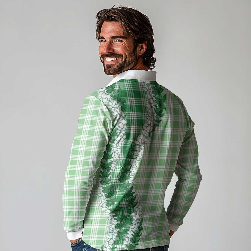 Green Hawaii Palaka Long Sleeve Polo Shirt Hawaiian Honohono Lei